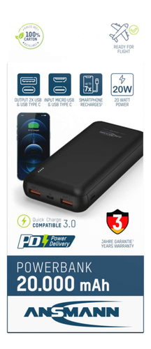 Ansmann Powerbank 20000mAh PB320PD (black, 20,000 mAh) aksesuārs mobilajiem telefoniem