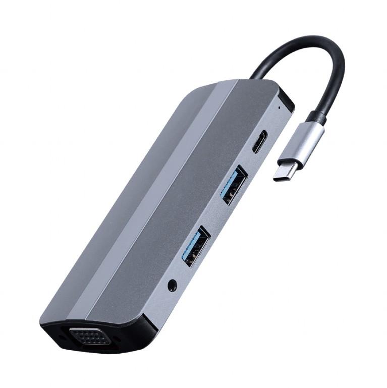 Adapter USB-C 8in1, HDMI, USB-C, PD, VGA, USB 3.1, 2.0, audio, card reader USB centrmezgli