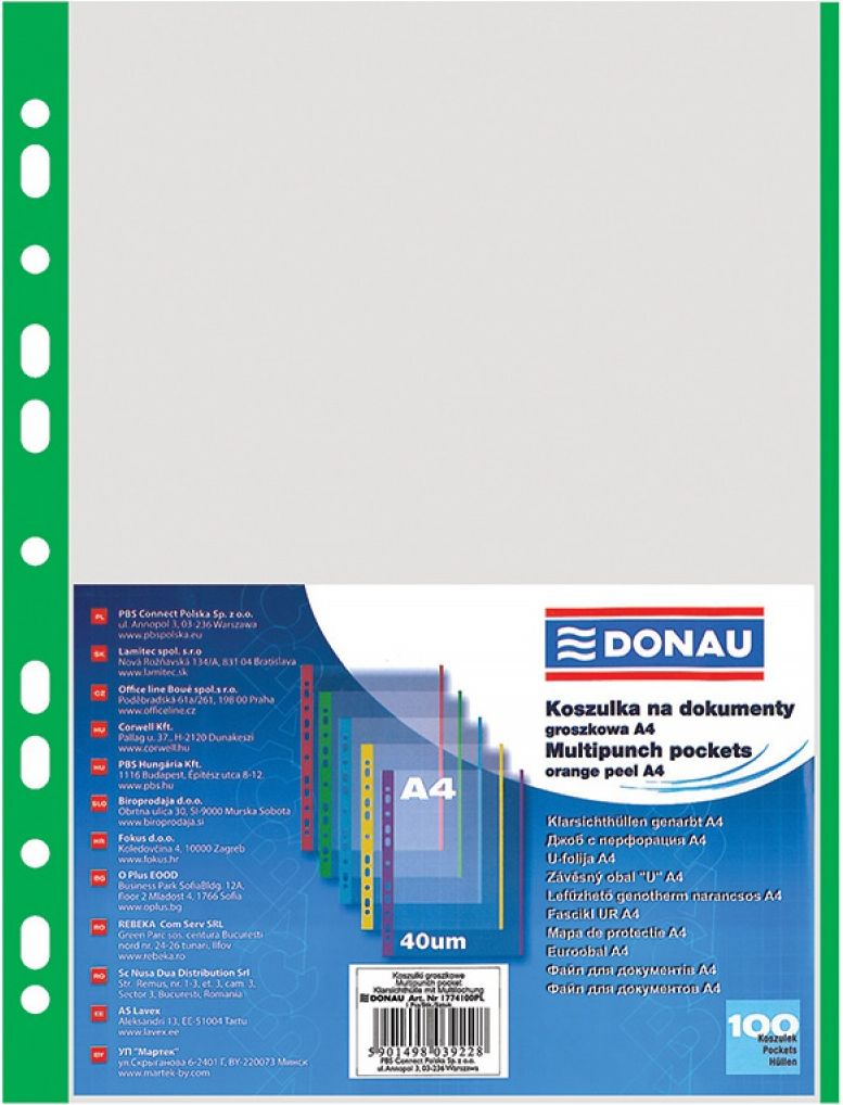 Donau Koszulka na dokumenty krystaliczne A4 z zielonym brzegiem 40mic. 100szt. (1774100PL-06) DONA0665 (5901498039242) laminators