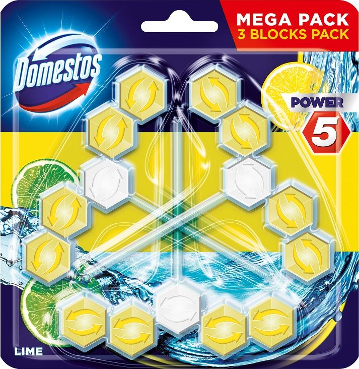 Domestos Power 5 Toilet Rim Block Lime 3x55g Sadzīves ķīmija