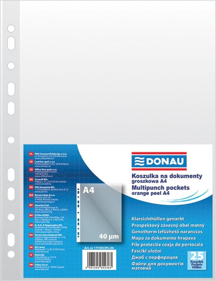 Donau Koszulki na dokumenty DONAU, PP, A4, groszkowe, 40mikr., 25szt. 1774925PL-00 (5901503692363) laminators