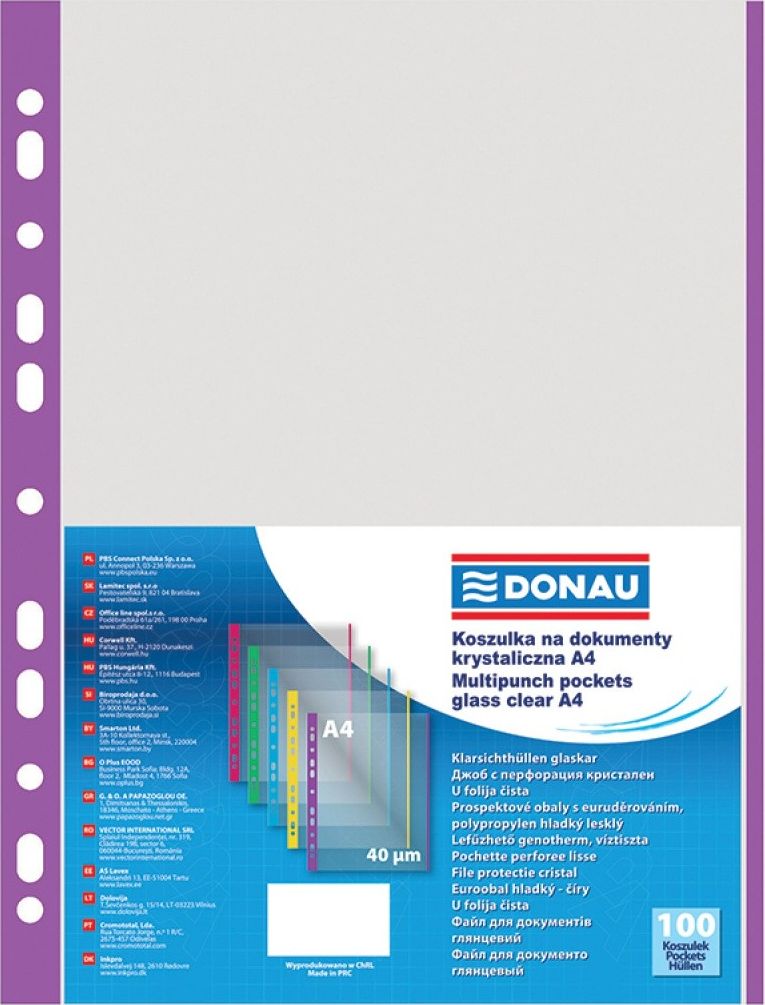 Donau Koszulki na dokumenty DONAU, PP, A4, krystal, 40mikr., kolorowy brzeg - fioletowy, 100szt. 1774100PL-23 (5901498039303) laminators