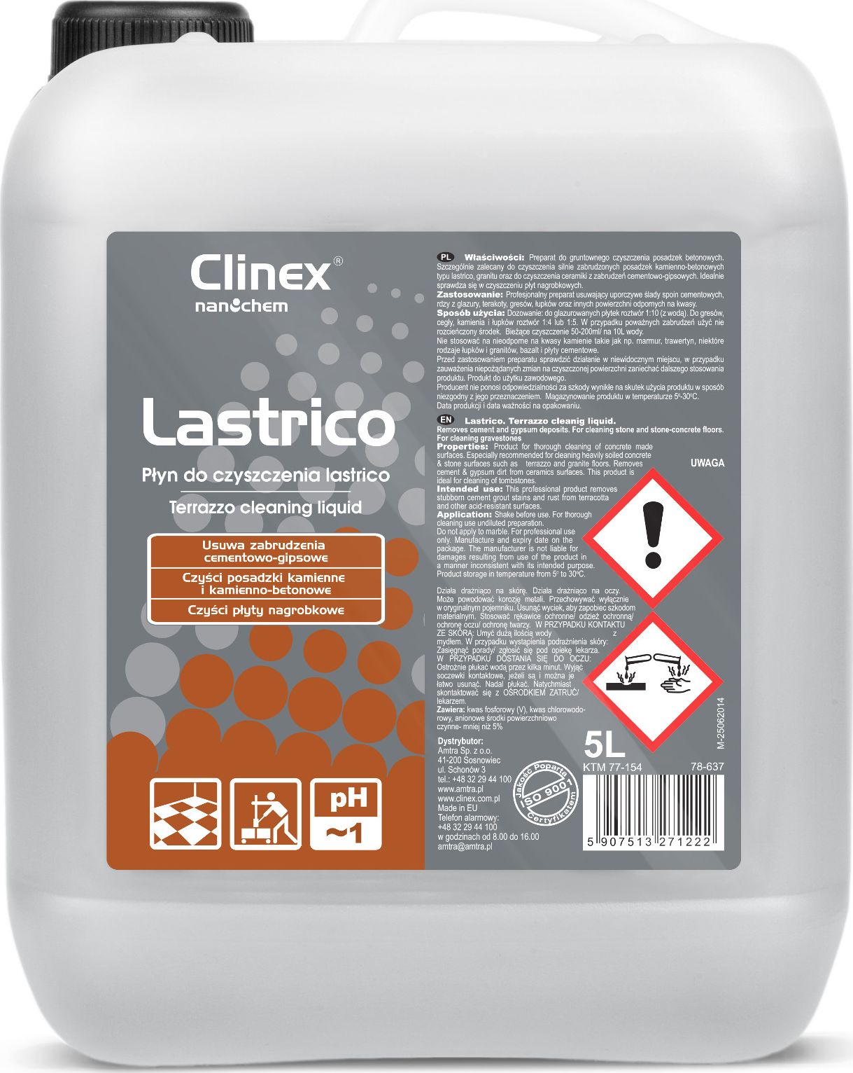 Clinex Plyn do mycia podlog posadzek kamiennych betonowych CLINEX Lastrico 5L Plyn do mycia podlog posadzek kamiennych betonowych CLINEX Las Sadzīves ķīmija