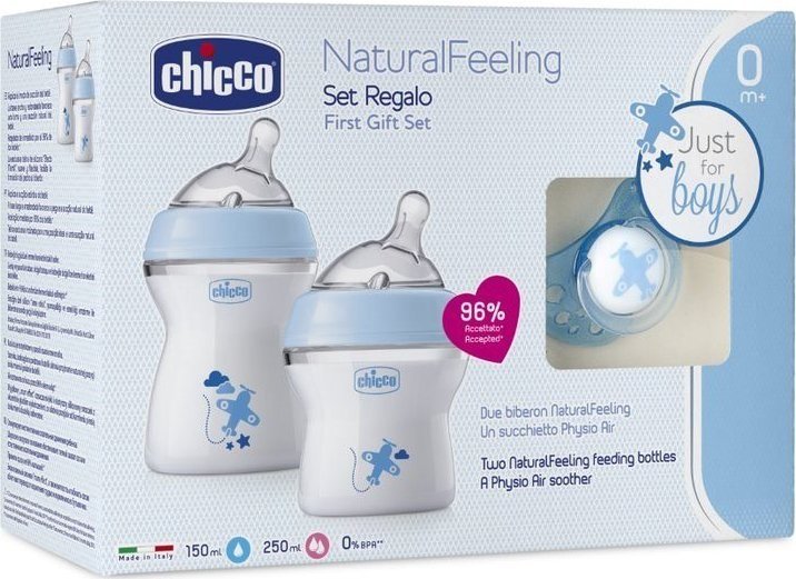 Chicco CHICCO_SET NaturalFeeling Zestaw do karmienia butelka 150ml 0m+ + butelka 250ml 2m+ + smoczek PhysioForma Comfort 0m+ Niebieski bērnu barošanas pudelīte