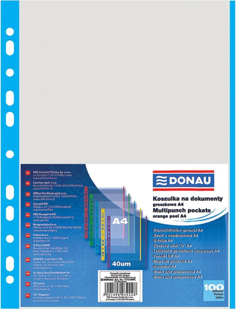 Donau Koszulka na dokumenty krystaliczne A4 z niebieskim brzegiem 40mic. 100szt. (1774100PL-10) DONA0666 (5901498039266) laminators