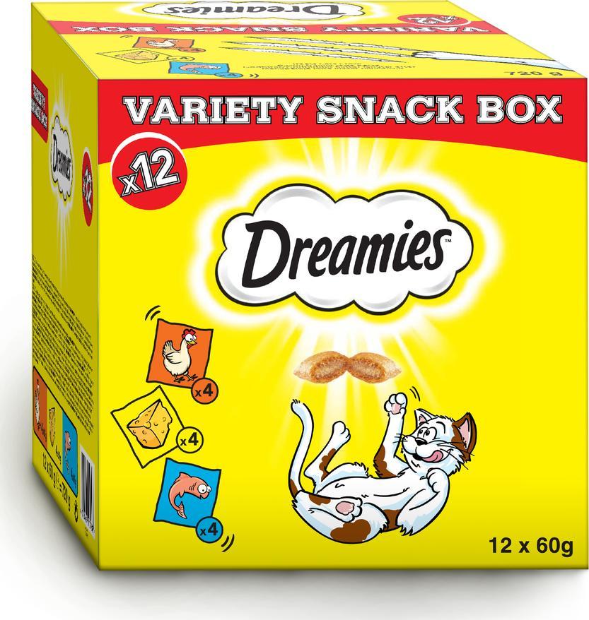 Dreamies DREAMIES Variety Snack Box karma uzupelniajaca dla kotow (z kurczakiem, z serem i o smaku lososia) - 720g 10260330 (4008429110788) kaķu barība