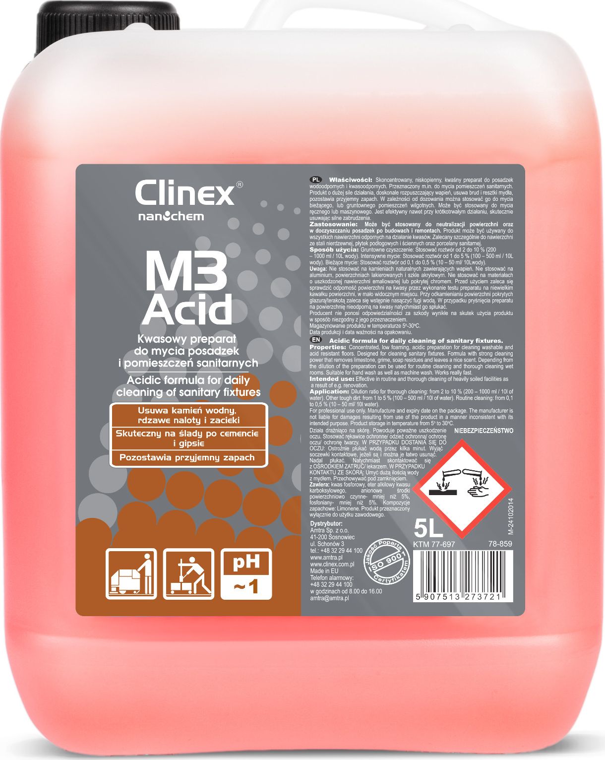 Clinex Koncentrat kwasny plyn do mycia lazienek pomieszczen sanitarnych CLINEX M3 Acid 5L Koncentrat kwasny plyn do mycia lazienek pomieszcz Sadzīves ķīmija