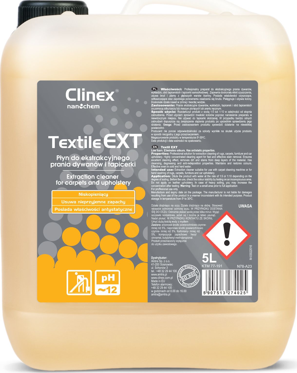 CLINEX Textile EXT 5L Liquid for machine and hand washing of carpets and upholstery CLINEX Textile EXT 5L Sadzīves ķīmija