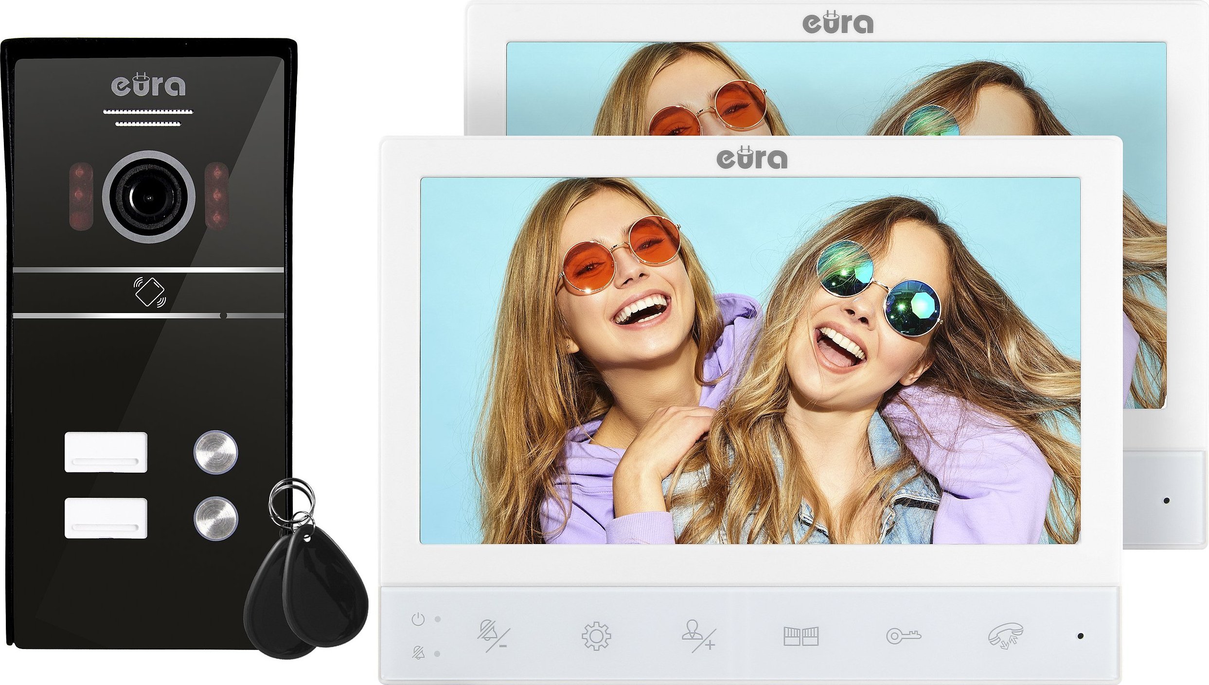 Eura Wideodomofon EURA VDP-80C5 - dwurodzinny, czarny, 2x LCD 7'', FHD, obsluga 2 wejsc, kamera 1080p., czytnik RFID, natynk VDP-80C5 (59055