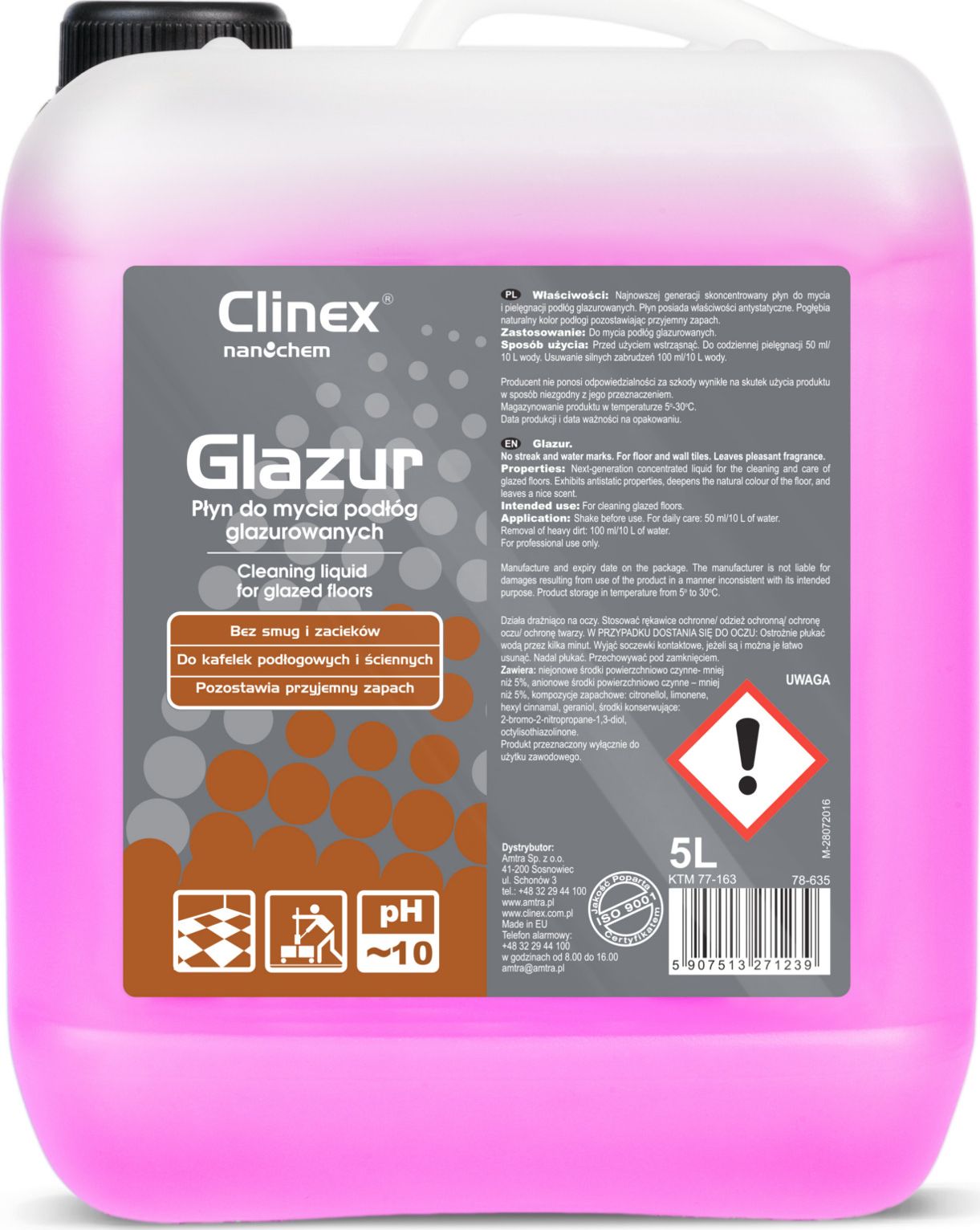 Clinex Plyn do mycia podlog plytek glazury kamienia CLINEX Glazur 5L Plyn do mycia podlog plytek glazury kamienia CLINEX Glazur 5L 77-163 (5 Sadzīves ķīmija