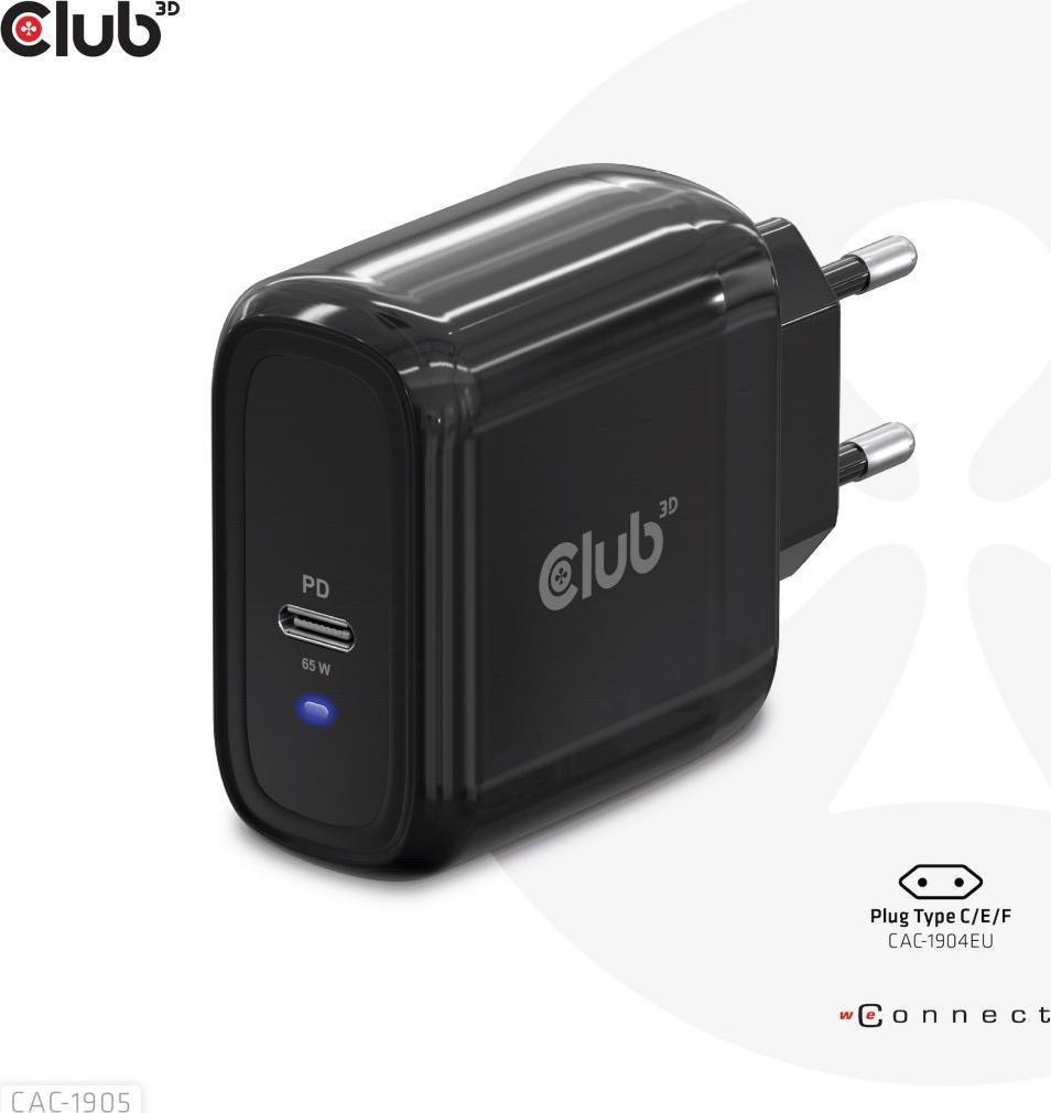 CLUB3D Travel Charger 65W GAN technology, Single port USB Type-C, Power Delivery(PD) 3.0 Support iekārtas lādētājs