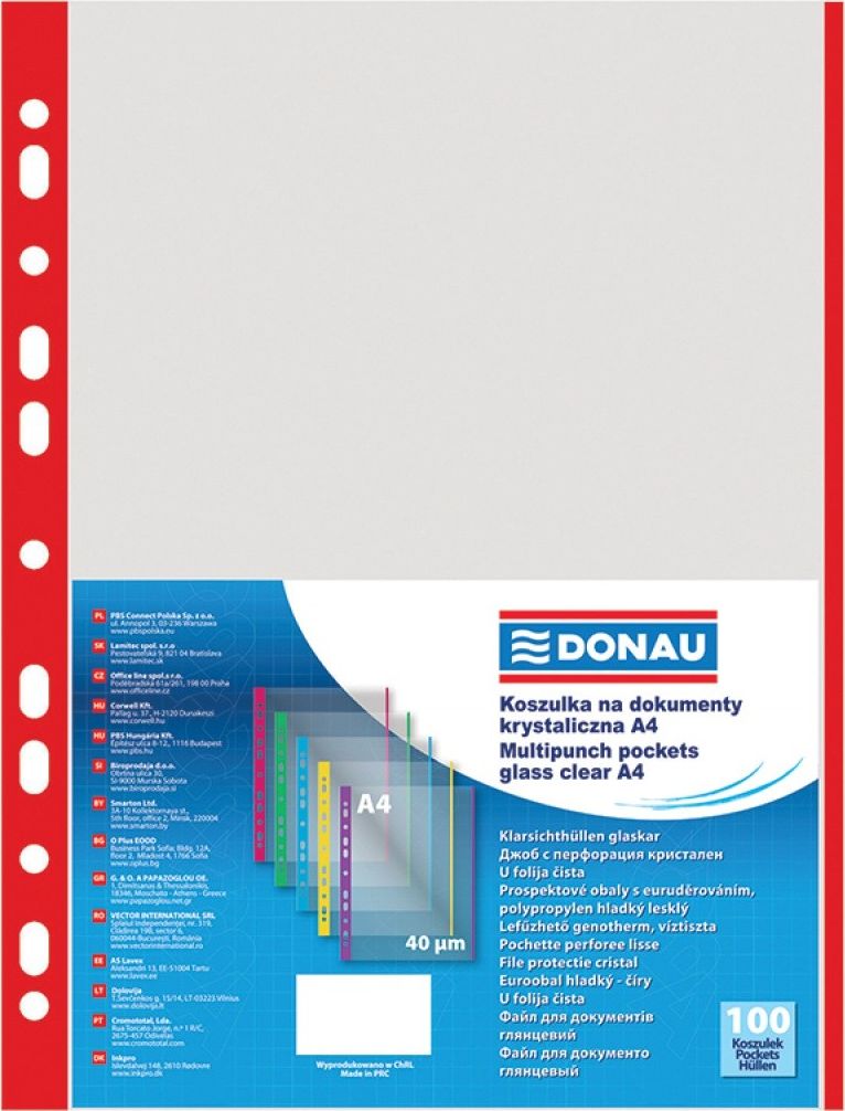 Donau Koszulki na dokumenty PP, A4, krystal, 40mikr, kolorowy brzeg - czerwony, 100szt. 1774100PL-04 (5901498039228) laminators