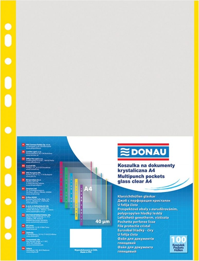 Donau Koszulki na dokumenty DONAU, PP, A4, krystal, 40mikr., kolorowy brzeg - zolty, 100szt. ^ 1774100PL-11 (5901498039280) laminators