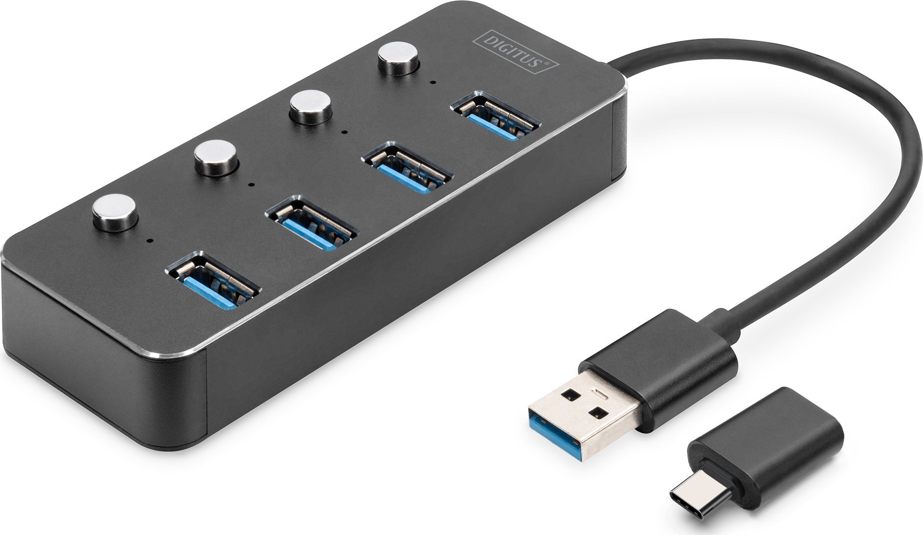 DIGITUS USB-C-Hub  4-Port 3.0->4xA3.0 1xC  intgr.Kabel  schw USB centrmezgli