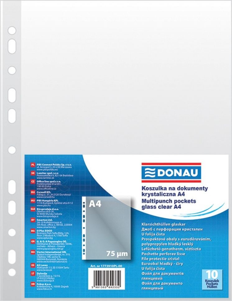 Donau Koszulki na dokumenty DONAU, PP, A4, krystal, 75mikr., 10szt. 6802161 (5901503692332) laminators