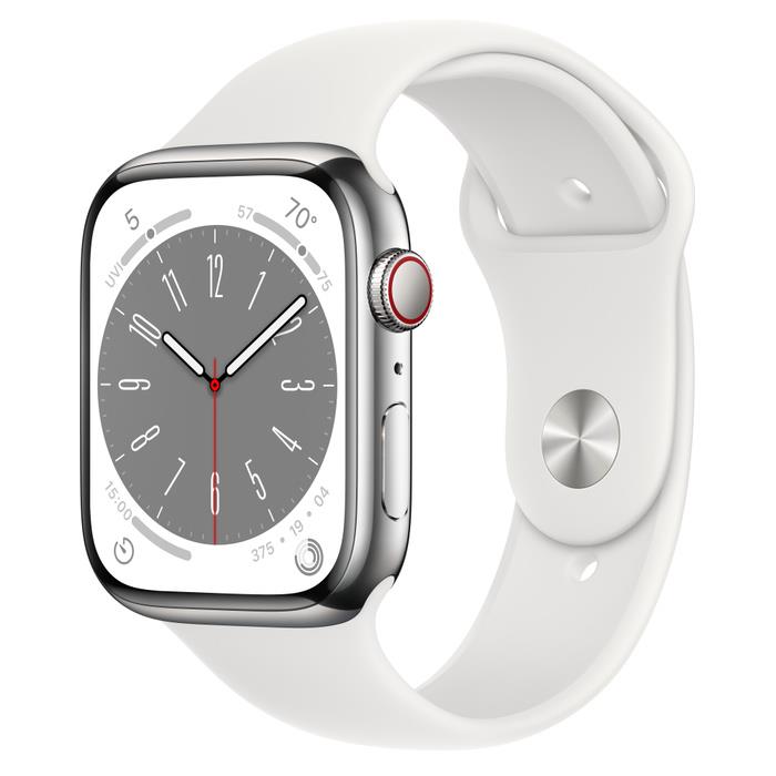 Apple Watch Series 8 GPS + Cellular 41mm Silver Stainless Steel Case / White Sport Band Regular Viedais pulkstenis, smartwatch