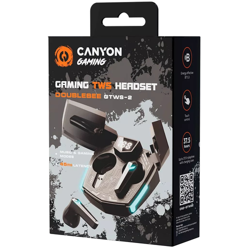 CANYON GTWS-2, Gaming True Wireless Headset, BT 5.3 stereo, 45ms low latency, 37.5 hours, USB-C, 0.046kg, black austiņas