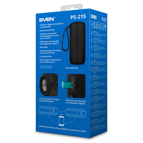 SVEN PS-215, black, power output 2x6W (RMS), Waterproof (IPx6), TWS, Bluetooth, FM, USB, microSD, lithium battery, SV-021535 pārnēsājamais skaļrunis