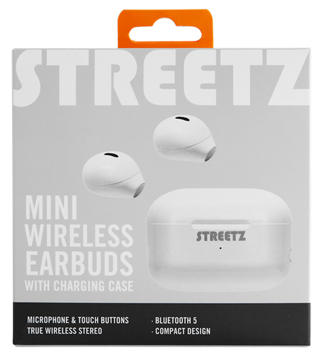 Mini bevielės ausinės STREETZ su krovimo dėklu, True Belaidės Stereo, baltos / TWS-114 austiņas