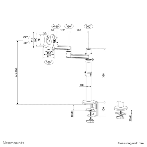 NEOMOUNTS SCREEN DESK MOUNT (CLAMP+GROMMET) TV stiprinājums