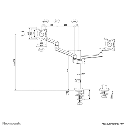 NEOMOUNTS SCREEN DESK MOUNT FOR TWO SCREENS, BLACK (CLAMP+GROMMET) TV stiprinājums