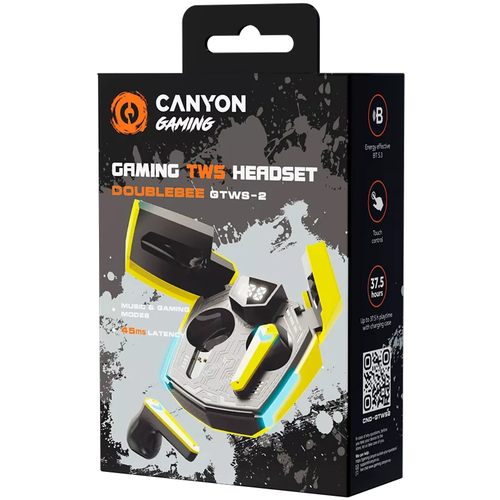 CANYON GTWS-2, Gaming True Wireless Headset, BT 5.3 stereo, 45ms low latency, 37.5 hours, USB-C, 0.046kg, yellow austiņas