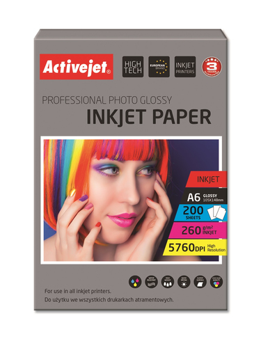 Activejet AP6-260GR200 photo paper for ink printers; A6; 200 pcs foto papīrs