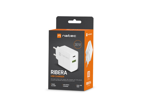 NATEC USB CHARGER RIBERA USB-A+USB-C 20W PD WHITE iekārtas lādētājs