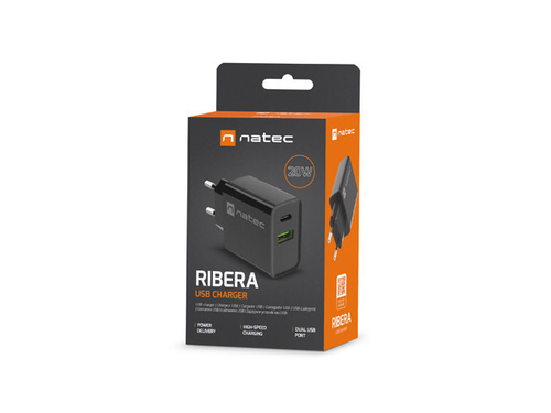 NATEC USB CHARGER RIBERA USB-A+USB-C 20W PD BLACK iekārtas lādētājs