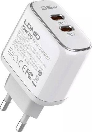 MFi wall charger LDNIO A2528M, 2xUSB-C, USB-C to Lightning 35W iekārtas lādētājs