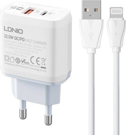 Wall charger  LDNIO A2421C USB, USB-C 22.5W + Lightning cable iekārtas lādētājs
