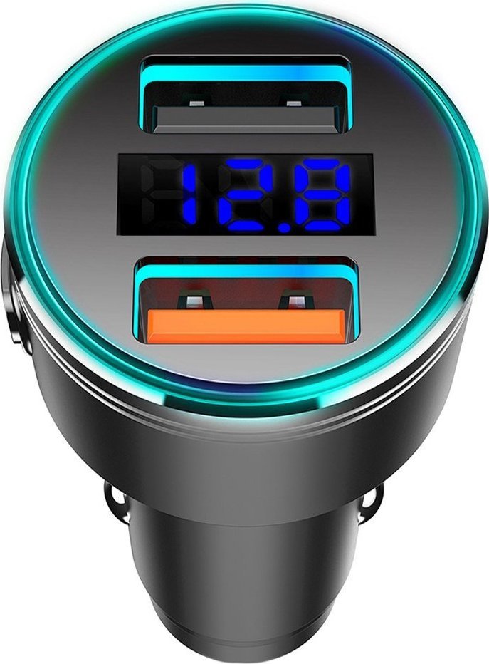 Maclean MCE375 Dual Car Charger with Display Cigarette Lighter Socket Aluminum Voltmeter USB 1x QC 3.0, USB 1x 5V/2.4A, RGB LED iekārtas lādētājs