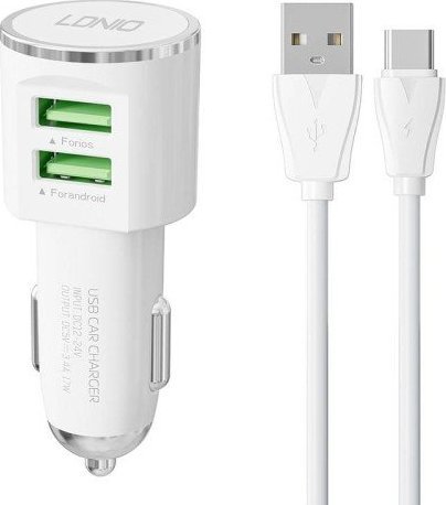 LDNIO DL-C29 car charger, 2x USB, 3.4A + USB-C cable (white) iekārtas lādētājs