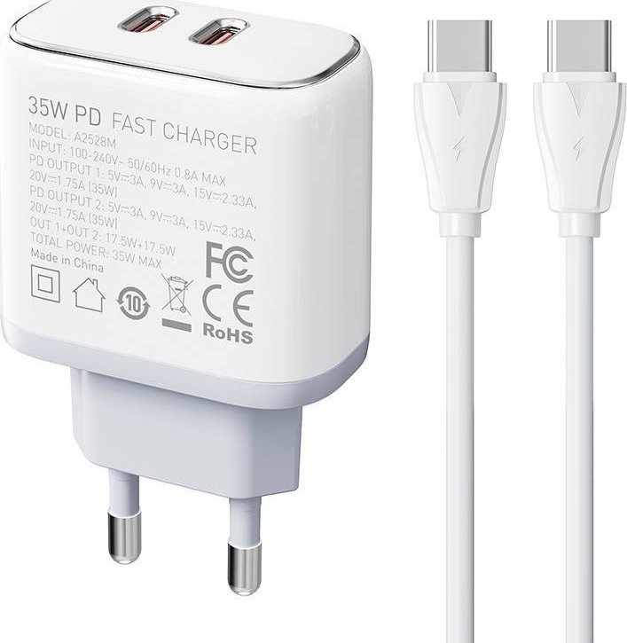 Wall charger LDNIO A2528C 2USB-C 35W + USB-C - USB-C cable iekārtas lādētājs