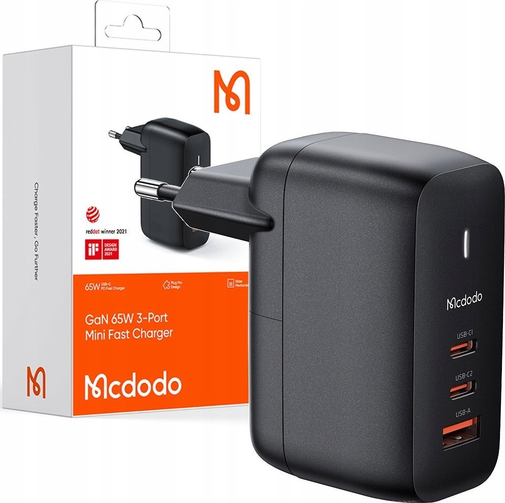 GaN 65W charger Mcdodo CH-0291 2x USB-C, USB-A (black) iekārtas lādētājs