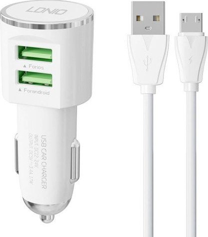 LDNIO DL-C29 car charger, 2x USB, 3.4A + Micro USB cable (white) iekārtas lādētājs