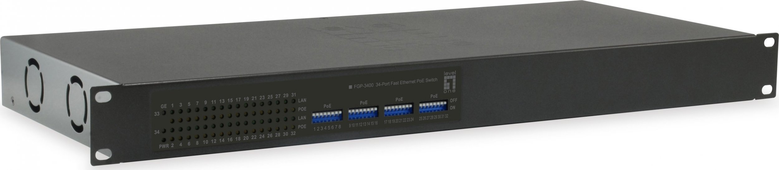 LevelOne Switch LevelOne FGP-3400W760 34-Port 10/100 PoE 802.3at/af PoE, 32 PoE , 2 x Gbit RJ45, 760W 4015867203286 KVM komutators