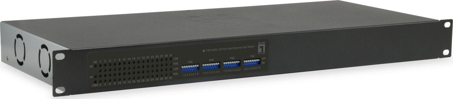 LevelOne Switch LevelOne FGP-3400W250 34-Port 10/100 PoE 802.3at/af PoE, 32 PoE , 2 x Gbit RJ45, 250W 4015867203248 KVM komutators