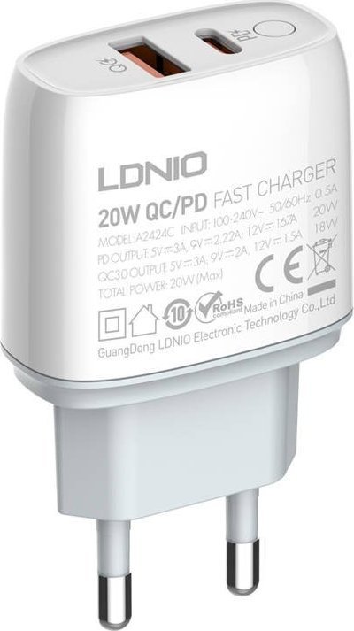Wall charger LDNIO A2424C USB, USB-C 20W + microUSB Cable iekārtas lādētājs