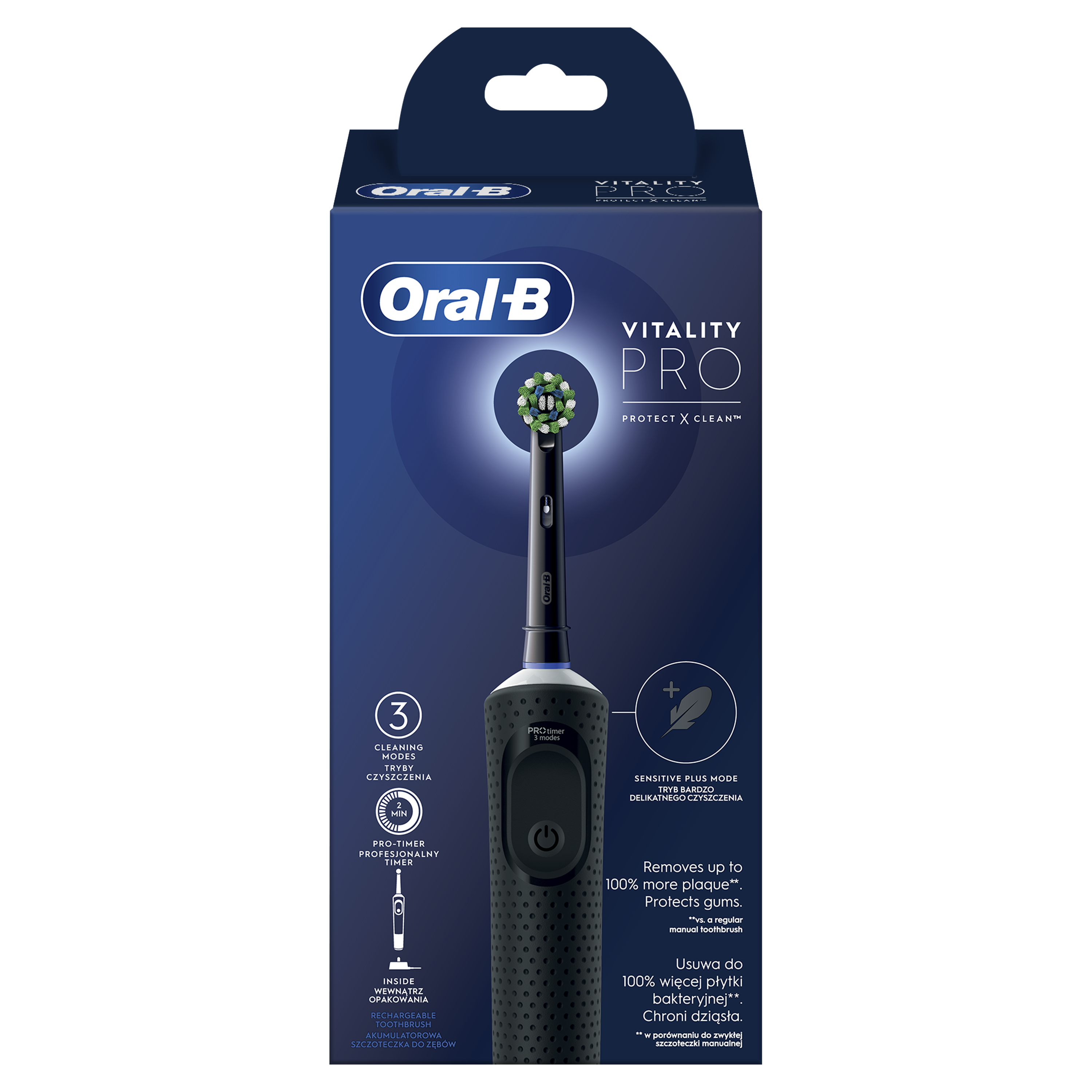 Oral-B Electric Toothbrush D103.413.3 Vitality Pro Rechargeable, For adults, Number of brush heads included 1, Black, Number of teeth brushi mutes higiēnai