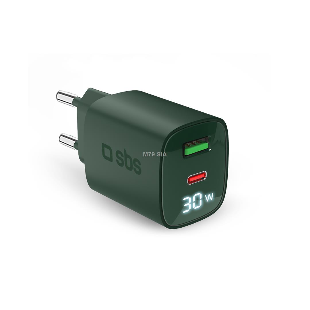 SBS LCD Wall Charger, USB-A, USB-C, LCD, 30 W, zala - Ladetajs TETRGANLCD1USB1C30G (8018417481499)