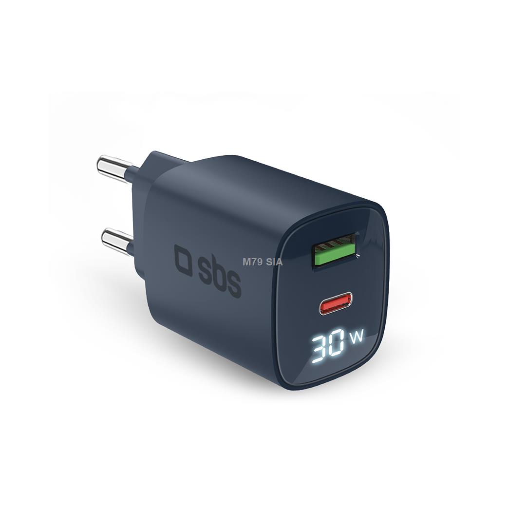 SBS LCD Wall Charger, USB-A, USB-C, LCD, 30 W, zila - Ladetajs TETRGANLCD1USB1C30B (8018417481482)