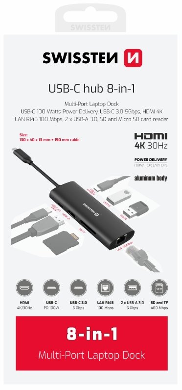 Swissten 8in1 USB-C Hubs Alumīja Centrmezgls USB-C 100W / HDMI 4K / LAN RJ45 / 2x USB-A / USB-C / SD / MICRO SD USB centrmezgli