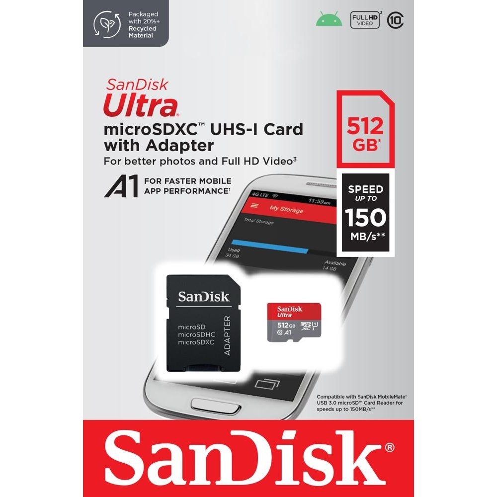 Sandisk Ultra Android microSDXC 512GB 150MB/s A1 Cl.10 UHS-I  Atmiņas Karte + Adapteris AKKSGKARSAN00097 (619659200572) atmiņas karte