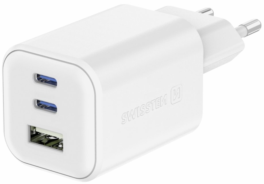 Swissten Travel Tīkla Lādētājs GaN 2x USB-C / PD USB-A / 18W QC / 65W 22071400 (8595217484528) iekārtas lādētājs