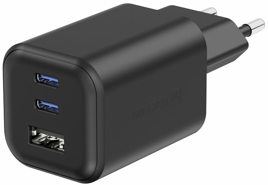 Swissten Travel Tīkla Lādētājs GaN 2x USB-C / PD USB-A / 18W QC / 65W 22071410 (8595217484535) iekārtas lādētājs