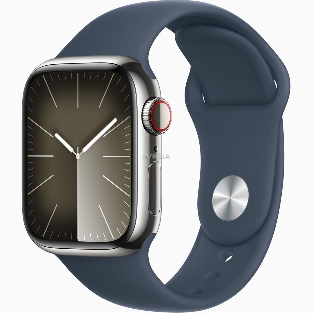 Apple Watch Series9 GPS + Cellular 41mm Silver Stainless Steel Case with Storm Blue Sport Band - S/M Viedais pulkstenis, smartwatch