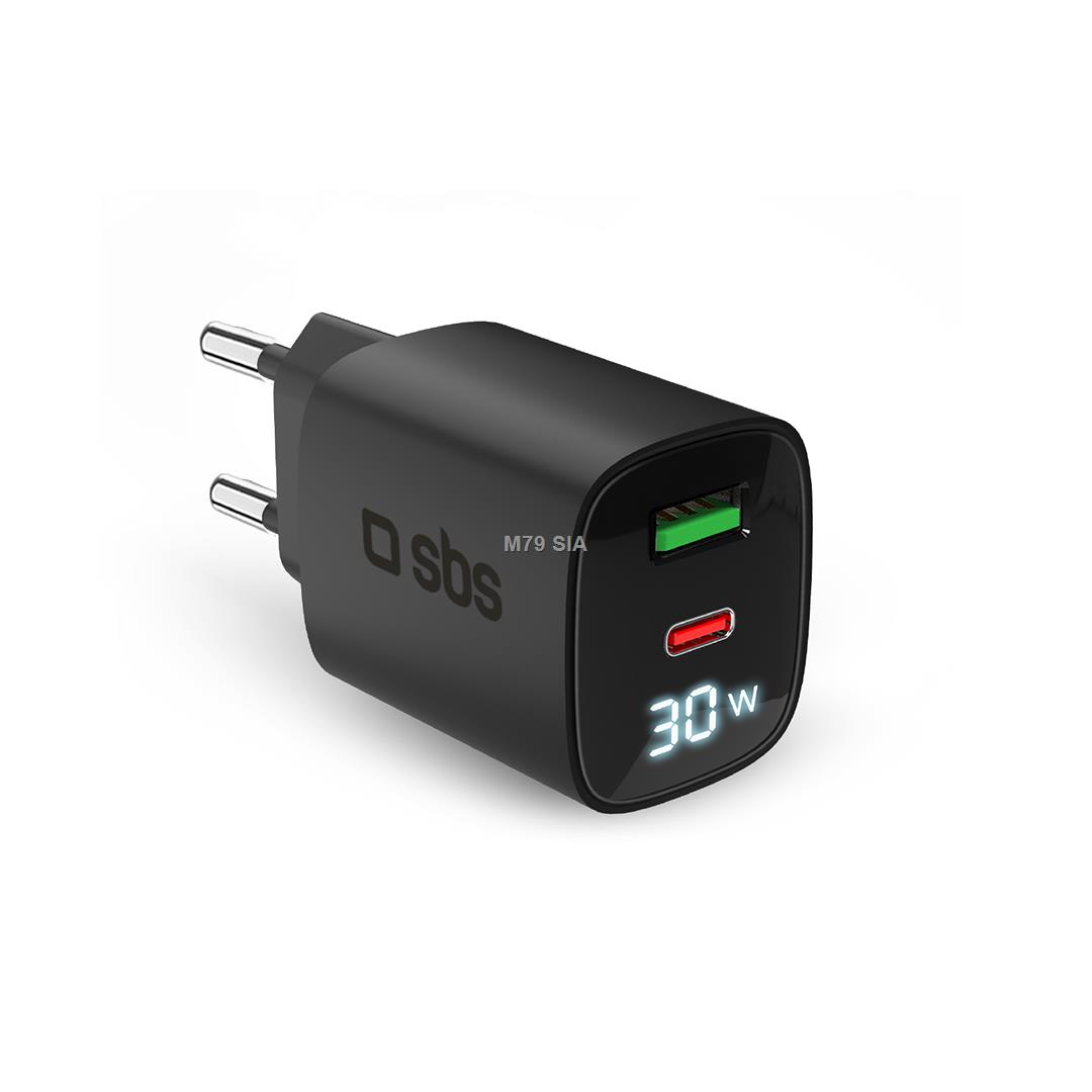 SBS LCD Wall Charger, USB-A, USB-C, LCD, 30 W, melna - Ladetajs TETRGANLCD1USB1C30K (8018417481475)