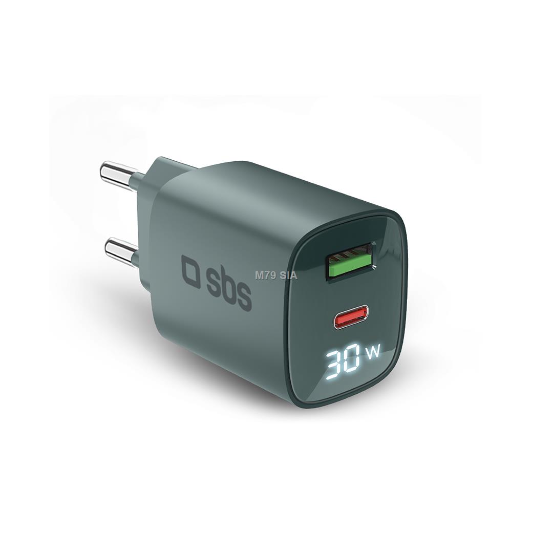 SBS LCD Wall Charger, USB-A, USB-C, LCD, 30 W, gaisi zila - Ladetajs TETRGANLCD1USB1C30A (8018417481505)