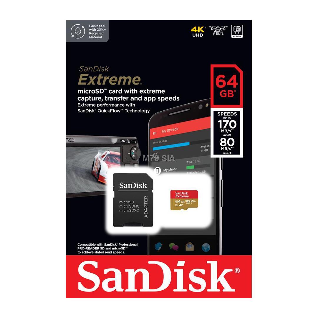 SanDisk microSDXC Extreme 64GB 170/80 MB/s A2 C10 V30 UHS-I U3 atmiņas karte